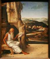 61 - Ecole de Giovanni Bellini, Venise (1435-1516) Saint Jérôme - Le lion dont il a retiré une épine de la patte est allongé derrière la grotte