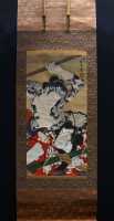 090 Combat entre Tatsugoro (un pompier) et Daihachi (un sumotori) par Toyohara Kunichika (1835-1900) Peinture sur soie (Ere Meiji)